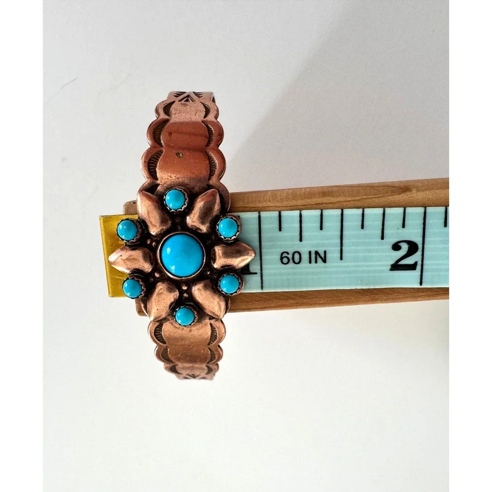 Vintage Solid Copper Faux Turquoise Cuff Bracelet Southwestern Stamped Design